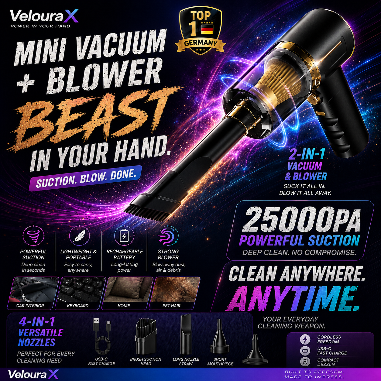 VelouraX™ Little Monster Pro - All In One Cordless Vacuum